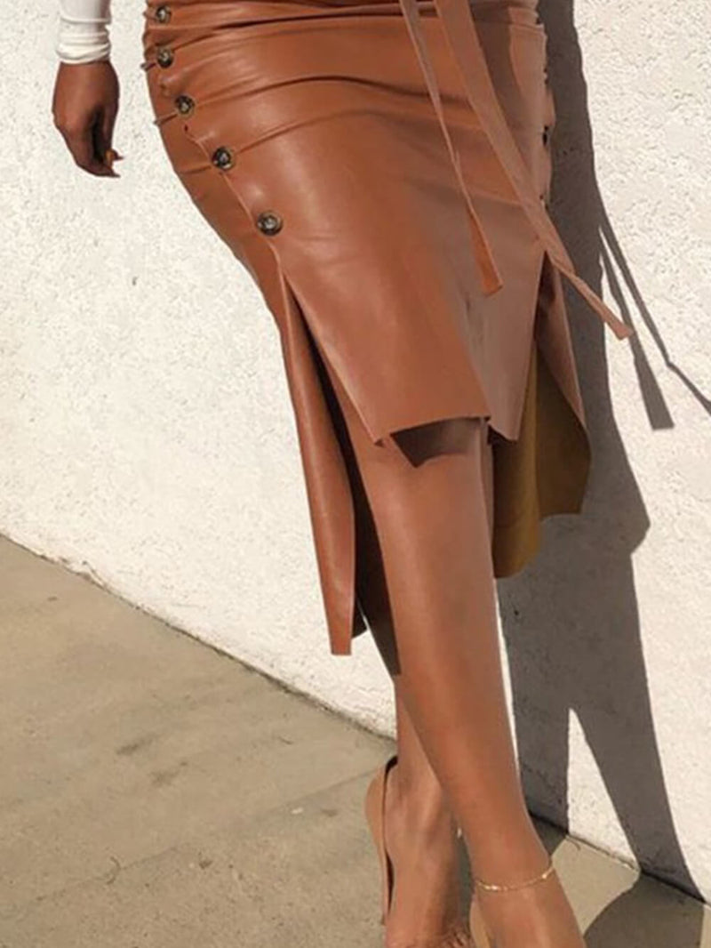 Slim Fit Pu Kalçayı Kapatan Etek