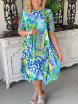 Yeni kısa kollu elbise cam baskı yuvarlak boyun bel kısa etek kadın uzun etek