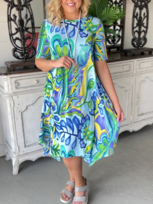 Yeni kısa kollu elbise cam baskı yuvarlak boyun bel kısa etek kadın uzun etek