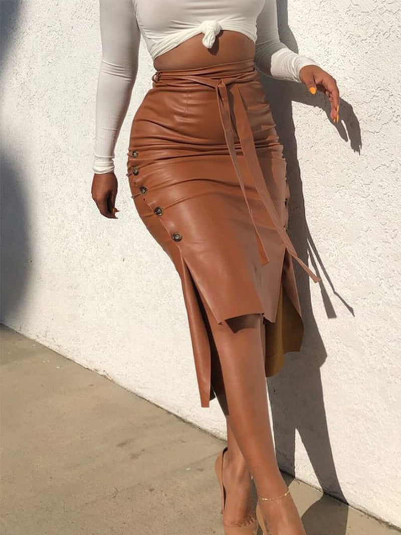 Slim Fit Pu Kalçayı Kapatan Etek