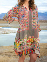 Bayan Günlük Baskılı 3/4 Kol V Yaka Elbise