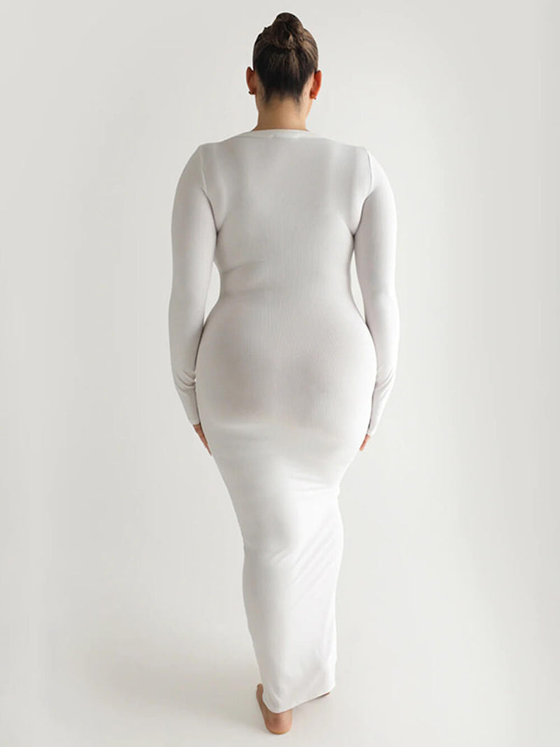 Katı Örgü Kare Yaka Uzun Kollu Maxi Elbise