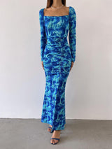 Sırtı Açık Askılı Büzgülü Uzun Elbise