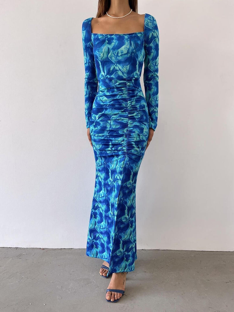 Sırtı Açık Askılı Büzgülü Uzun Elbise