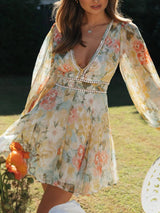 V Yaka Puf Kol Dantel Mini Elbise