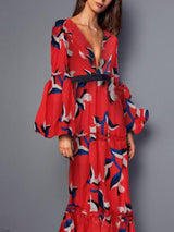 Seksi V Yaka Bel-Cinching Maxi Elbise