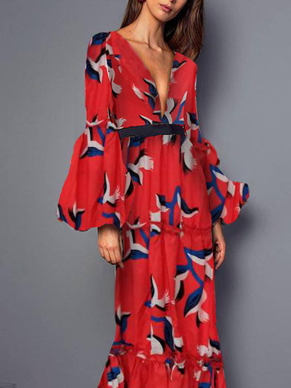 Seksi V Yaka Bel-Cinching Maxi Elbise