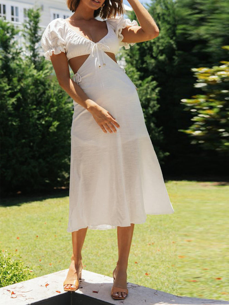 Düz Renk Prenses Kol Midi Elbise