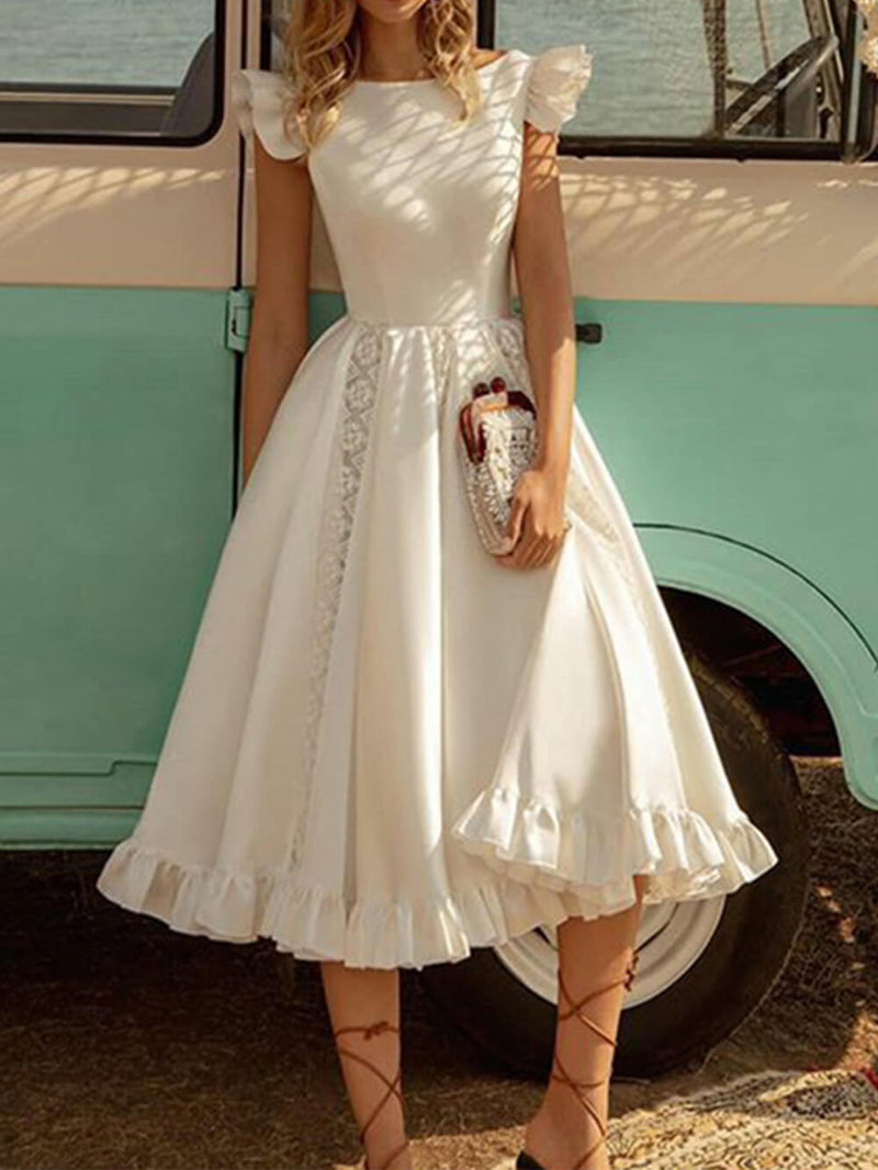 Düz Renk Zarif Puf Midi Elbise