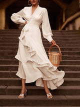 Zarif Fırfırlı Düz Renk Maxi Elbise