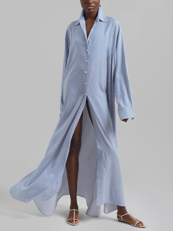 Avery Fluid Shirt Dress - White/Blue Stripe