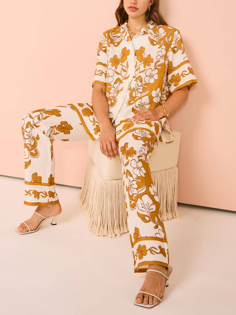 Çiçek Desenli Günlük Kısa Kollu Pantolon Takım