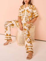 Çiçek Desenli Günlük Kısa Kollu Pantolon Takım