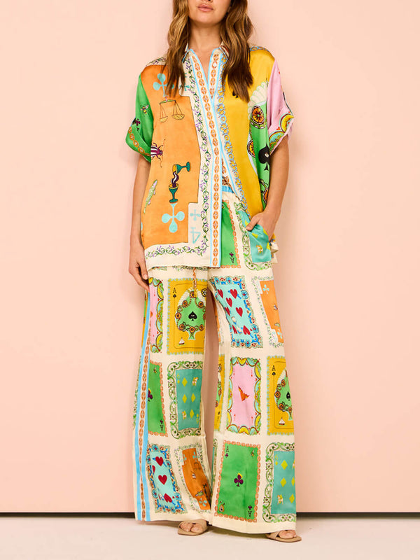 Komik Yaz Benzersiz Baskı Elastik Bel Cepli Geniş Paça Pantolon-Takım