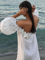 Düşük Omuzlu Fırfırlı Puf Kol Cepli Midi Elbise