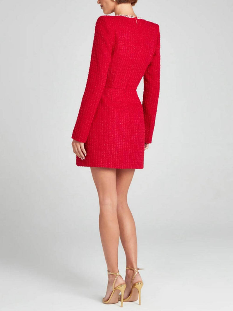 Zarif Kız Charm İnci Trim Yarık Kol Cep Mini Elbise