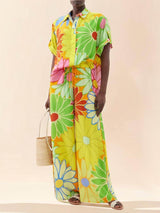 Moda Çiçek Baskı Gevşek Geniş Bacak Pantolon Takımı