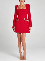 Zarif Kız Charm İnci Trim Yarık Kol Cep Mini Elbise