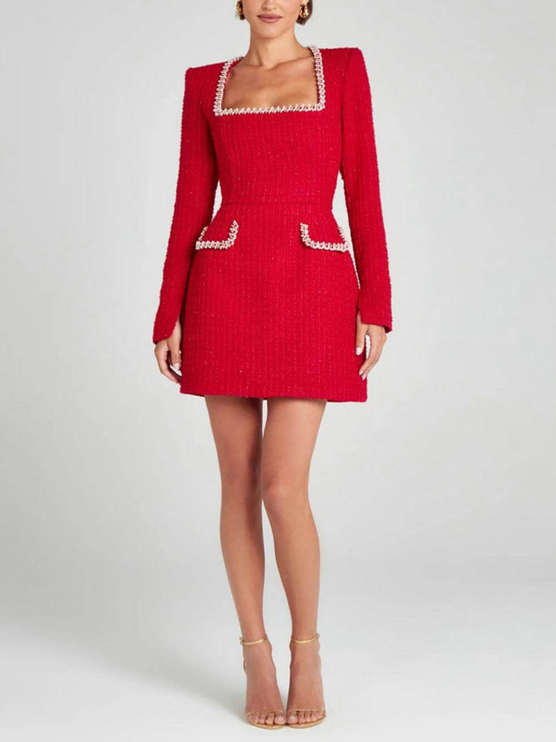 Zarif Kız Charm İnci Trim Yarık Kol Cep Mini Elbise