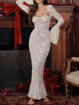 Vintage Krem Dantelli Maxi Elbise