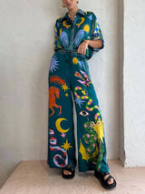 Benzersiz Baskı Elastik Bel Cepli Geniş Paça Pantolon Takım