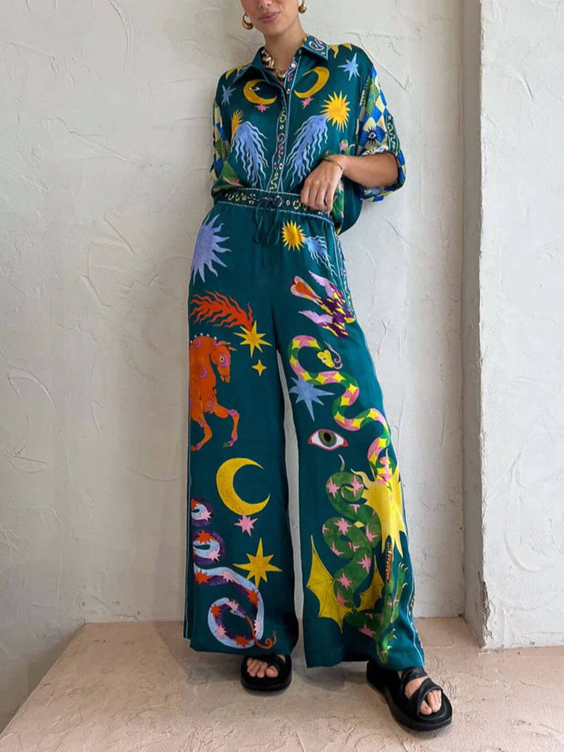 Benzersiz Baskı Elastik Bel Cepli Geniş Paça Pantolon Takım