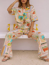 Gündelik Moda Benzersiz Baskı Gevşek Kısa Kollu Gömlek Düz Pantolon Seti