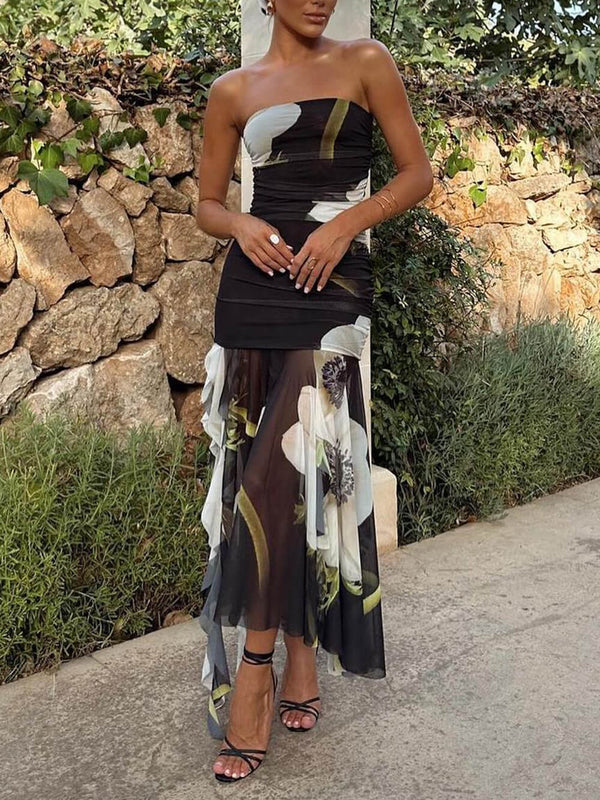 File Kaplama Çiçek Desenli Düşük Omuz Dantelli Fırfırlı Streç Midi Elbise