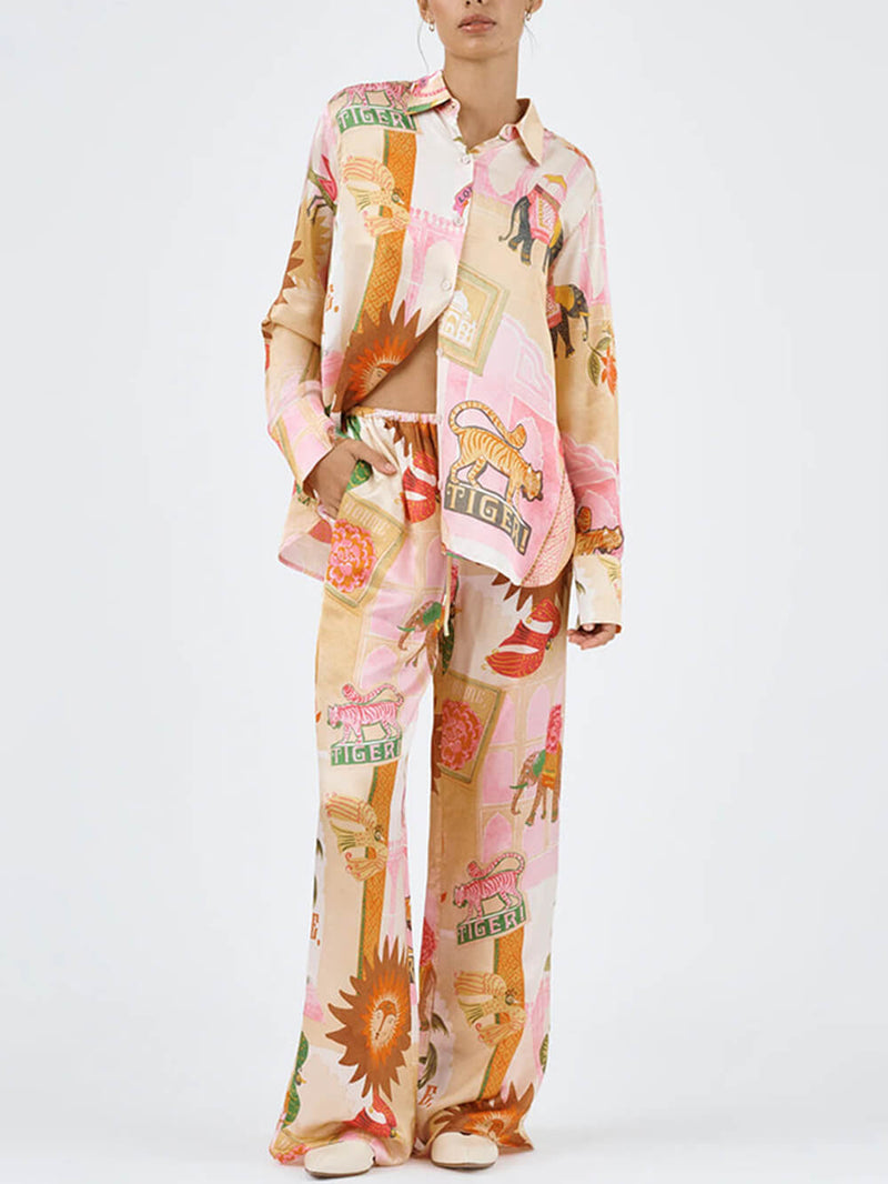 Benzersiz Baskılı Günlük Gömlek Üst ve Elastik Bel Bol Pantolon Takımı