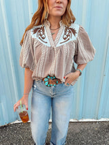 Prairie Horse Gingham Puff Sleeve Blouse