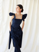 Navy Ruffle Sleeve Top & High-Waisted Pants Set