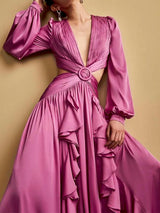 V Yaka Bel Kesim Fırfırlı Maxi Elbise