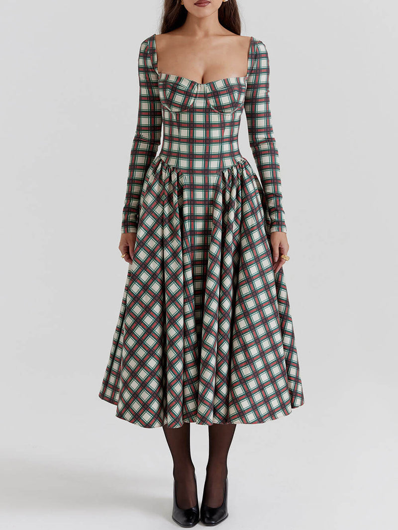 Kırmızı Ekose Korse Midi Elbise