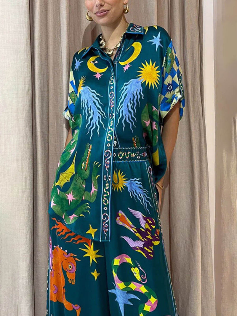 Benzersiz Baskı Elastik Bel Cepli Geniş Paça Pantolon Takım