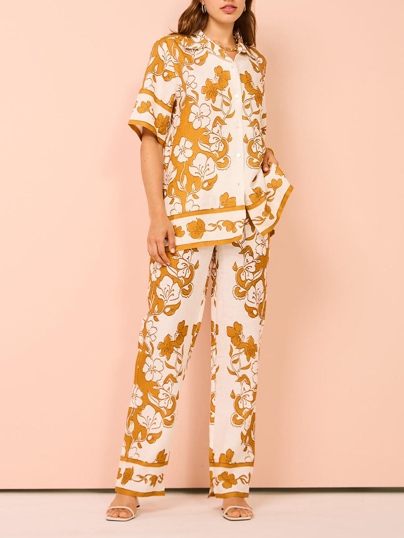Çiçek Desenli Günlük Kısa Kollu Pantolon Takım