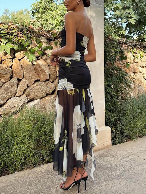 File Kaplama Çiçek Desenli Düşük Omuz Dantelli Fırfırlı Streç Midi Elbise