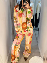 Benzersiz Baskılı Günlük Gömlek Üst ve Elastik Bel Bol Pantolon Takımı