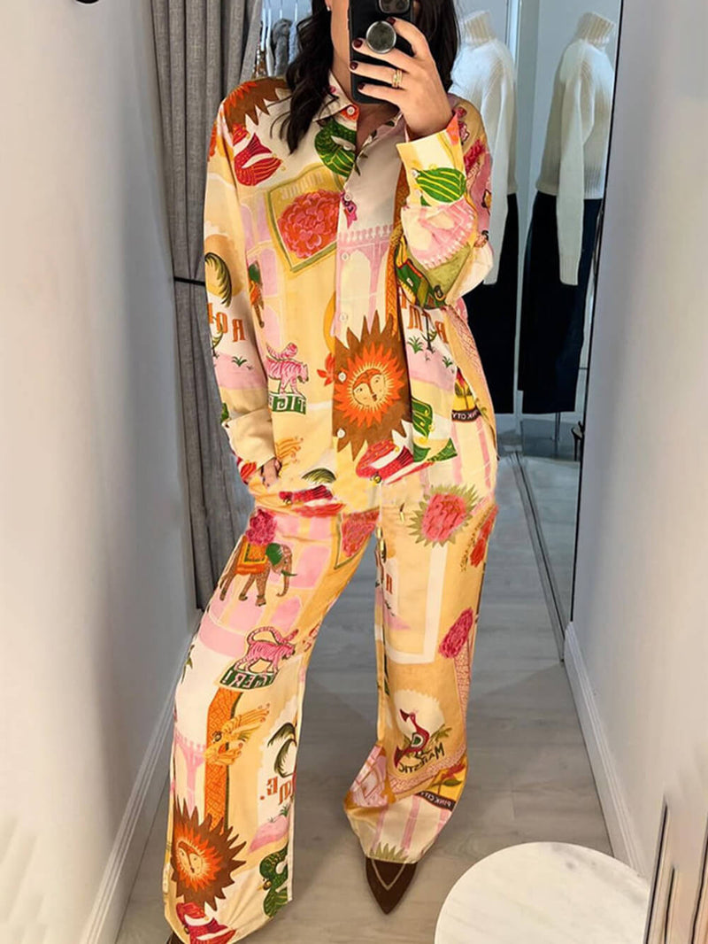 Benzersiz Baskılı Günlük Gömlek Üst ve Elastik Bel Bol Pantolon Takımı