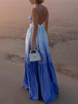 Gradyan Renk Baskılı Belden Dekolteli Katlı Maxi Elbise