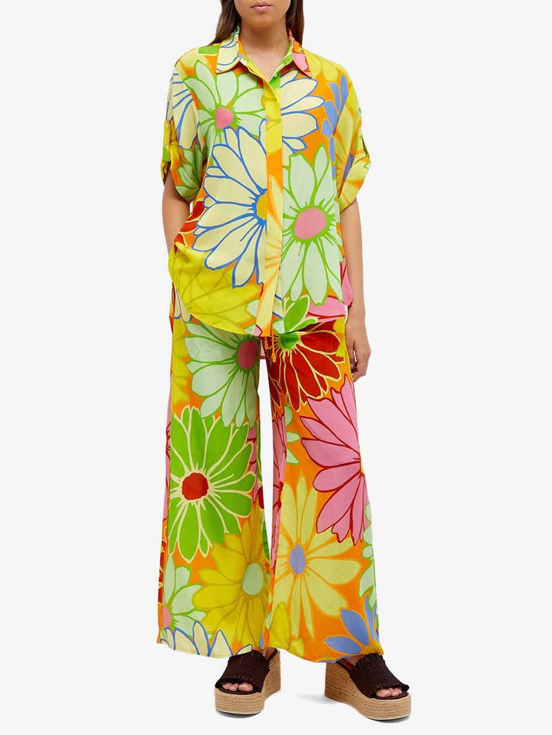 Moda Çiçek Baskı Gevşek Geniş Bacak Pantolon Takımı