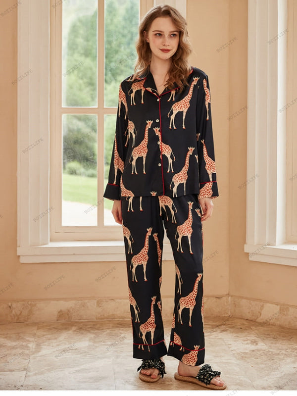 Siyah Zürafa Desenli Buz İpek Uzun Kollu Pijama Takımı