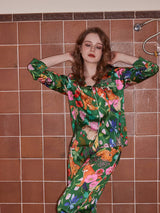 Orman Bahçesi Desenli Buz İpek Uzun Kol Günlük Giyim Takım