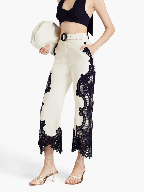 White Trousers With Lace Appliqués