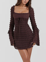 Zengin Kahverengi Dantel Mini Elbise