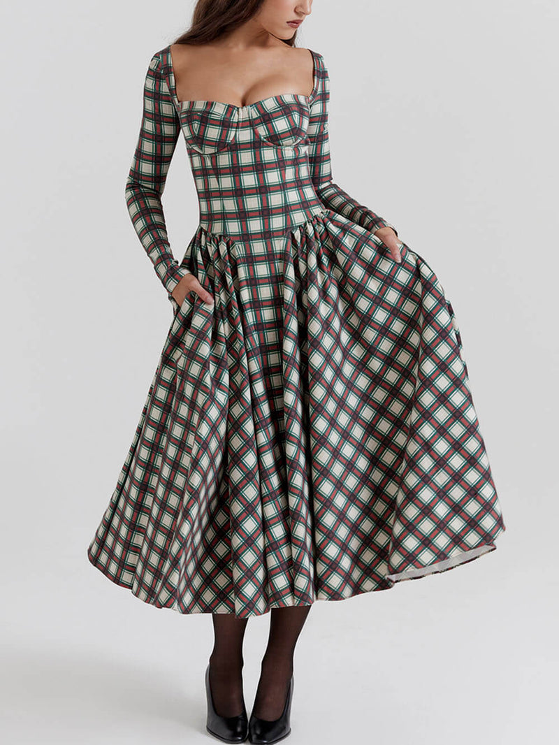 Kırmızı Ekose Korse Midi Elbise