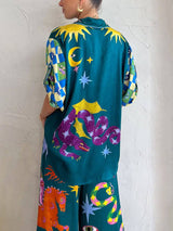 Benzersiz Baskı Elastik Bel Cepli Geniş Paça Pantolon Takım