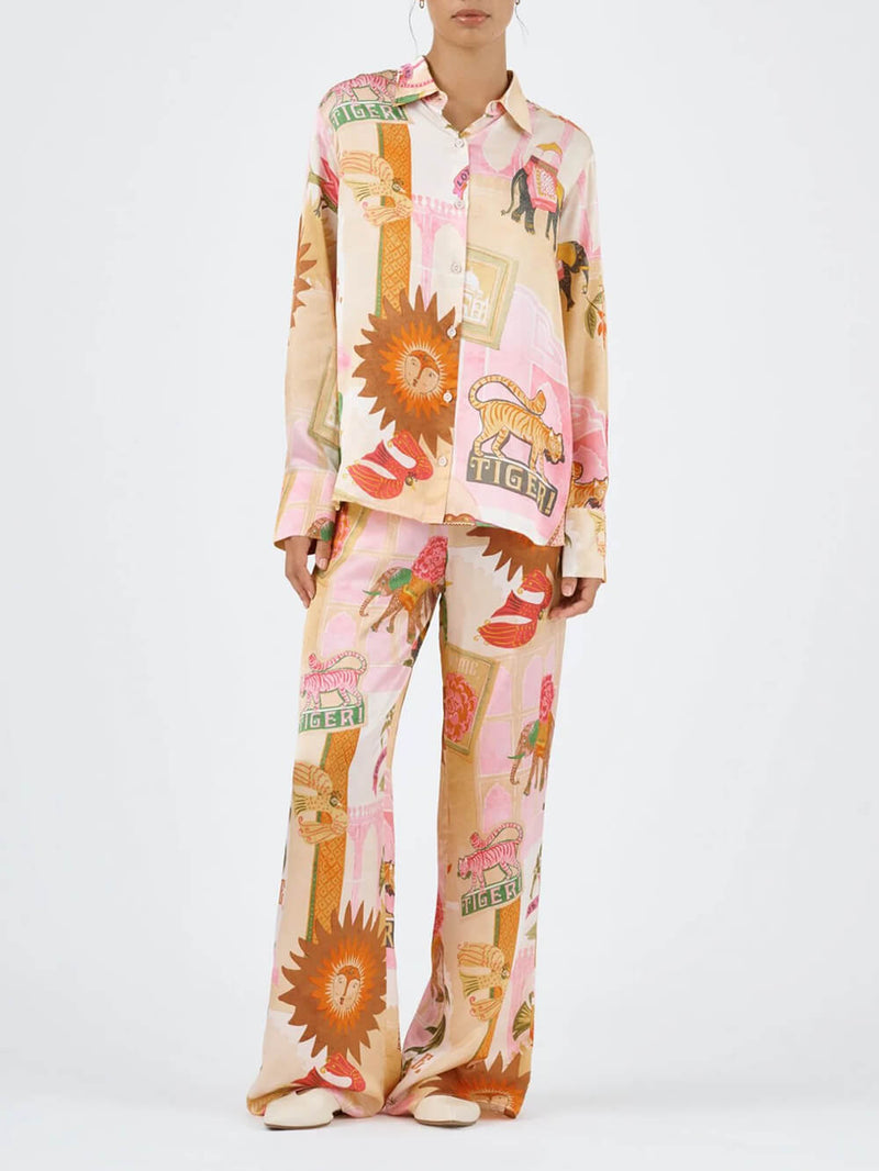 Benzersiz Baskılı Günlük Gömlek Üst ve Elastik Bel Bol Pantolon Takımı