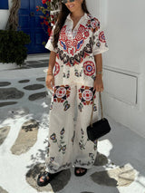 Benzersiz ve Zarif Etnik Çiçek Baskı Elastik Bel Cepli Geniş Bacak Pantolon Takımı