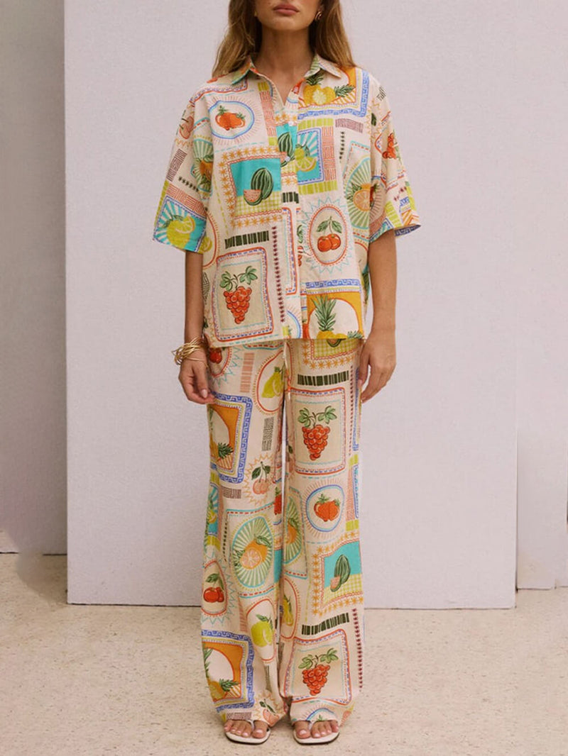 Gündelik Moda Benzersiz Baskı Gevşek Kısa Kollu Gömlek Düz Pantolon Seti