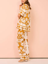 Çiçek Desenli Günlük Kısa Kollu Pantolon Takım